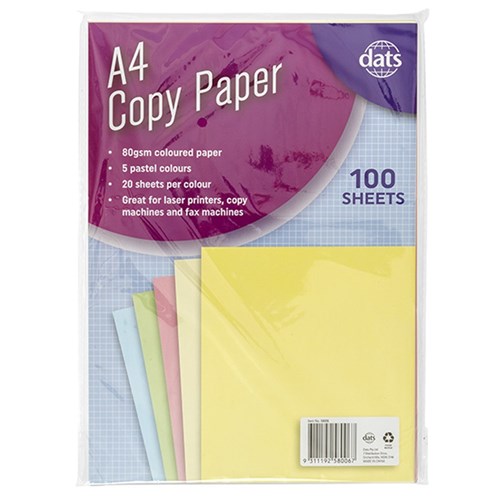 58006 - Paper Copy A4 5 Pastel Cols 80gsm 100pk - Dats