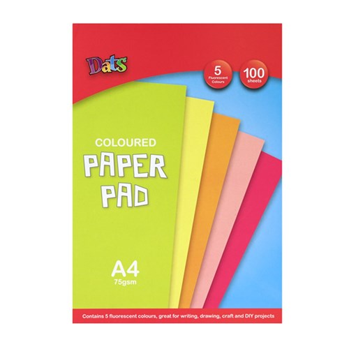 58013 - Pad Paper Colour 5 Fluro Cols A4 100s 75gsm - Dats