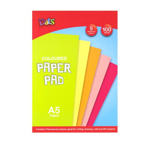 58014 - Pad Paper Colour 5 Fluro Cols A5 100s 75gsm - Dats