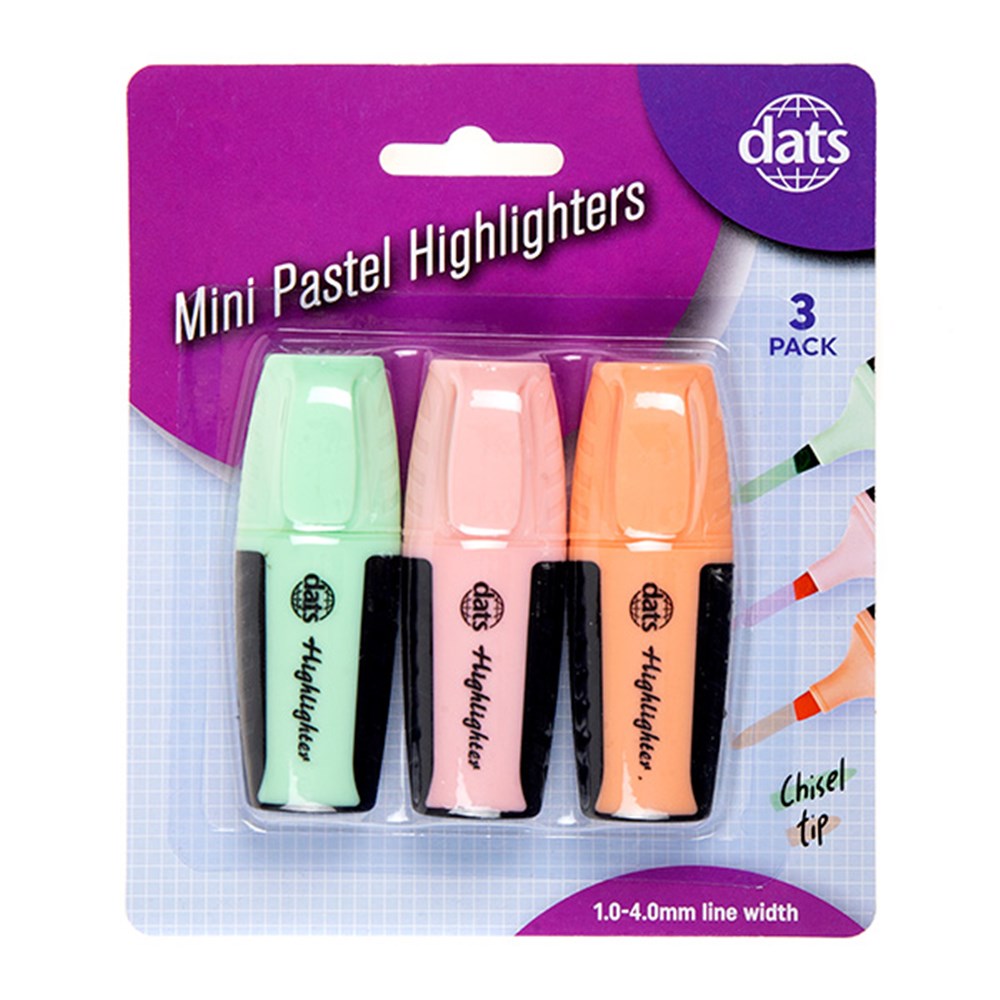 59661 - Highlighter Mini 3pk Pastel Mixed Cols Chisel Tip - Dats