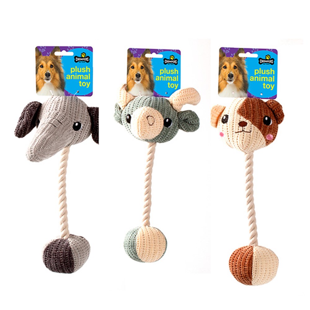 67424 - Dog Toy Plush w Rope Animal 3 Asst - Dats